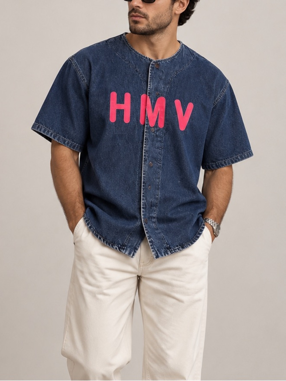 Vintage Denim Button-Front Top with Pink HMV Logo